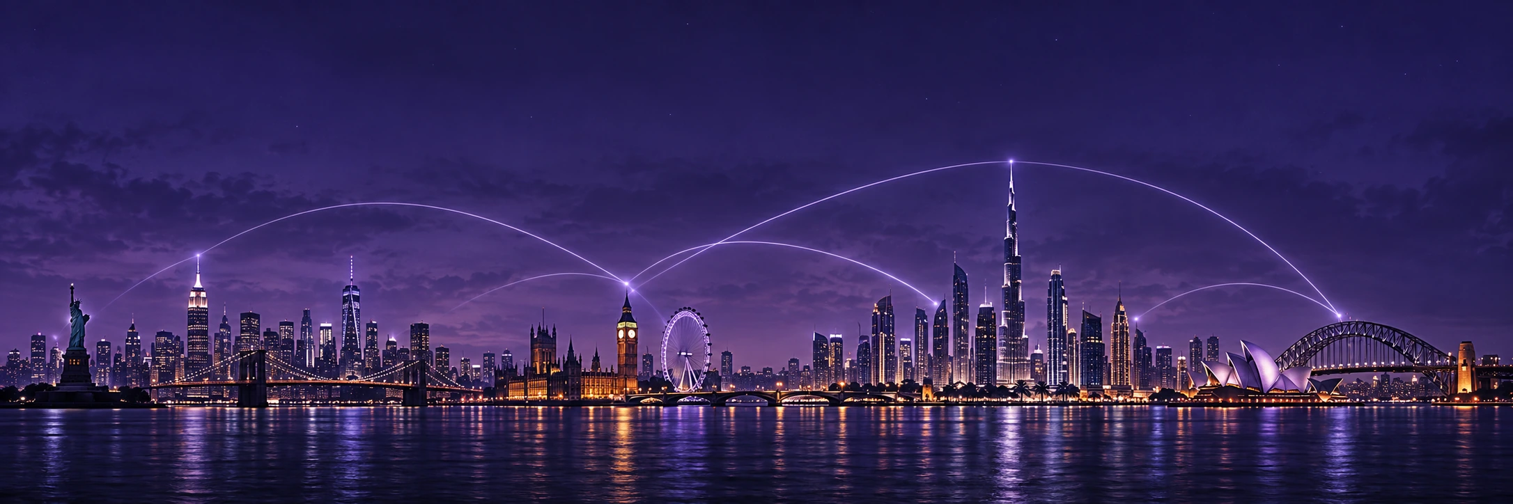 Global waterfront skyline connected by light across continents